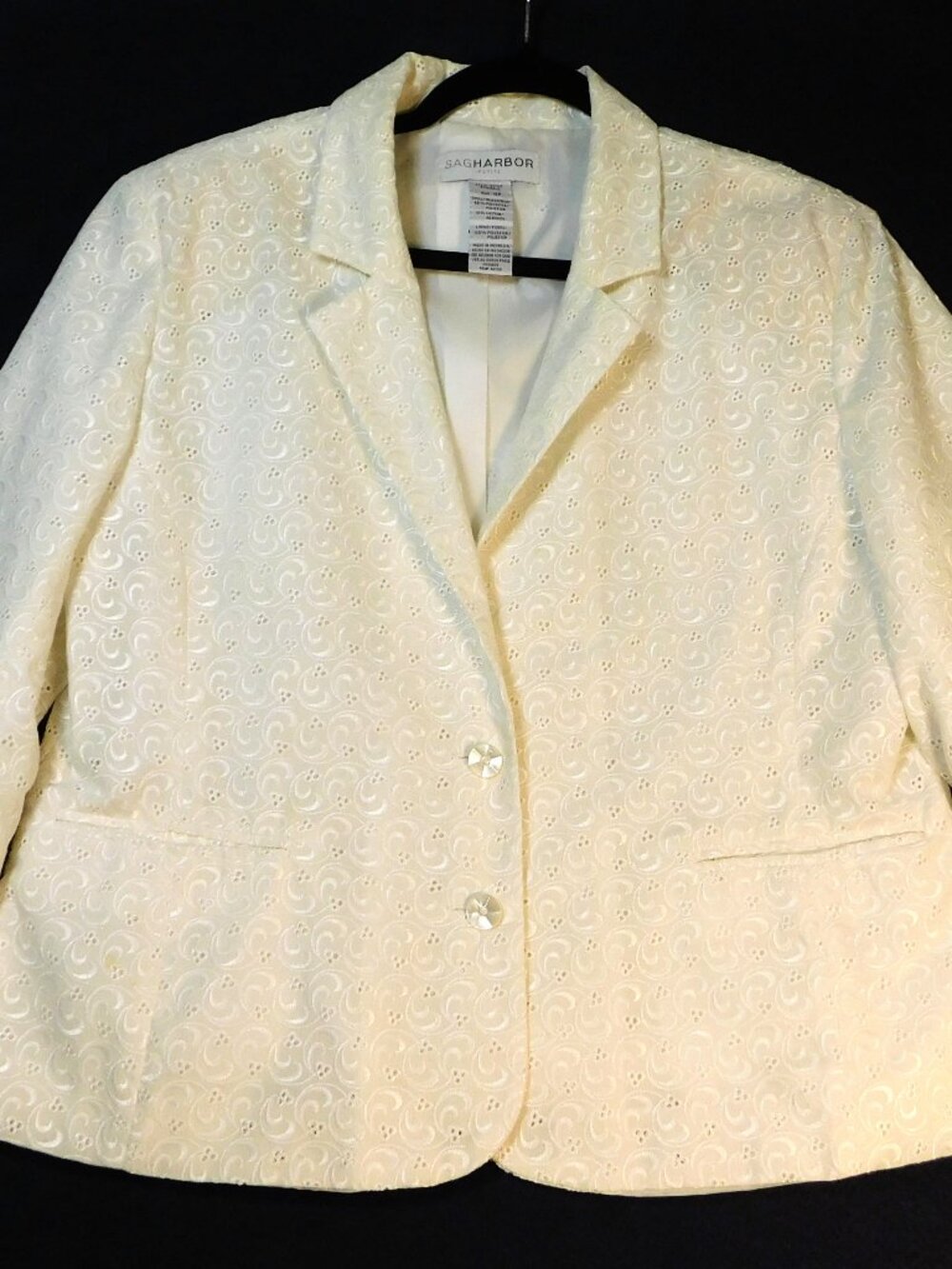 Sag Harbor Womans Petite 16 White Eyelet 2 Button Lined Blazer Jacket 3/4 Sleeve